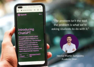 Person holding phone displaying ChatGPT introduction screen next to quote by Héctor Martín Sampedro, Academic Dean at BLC Spain