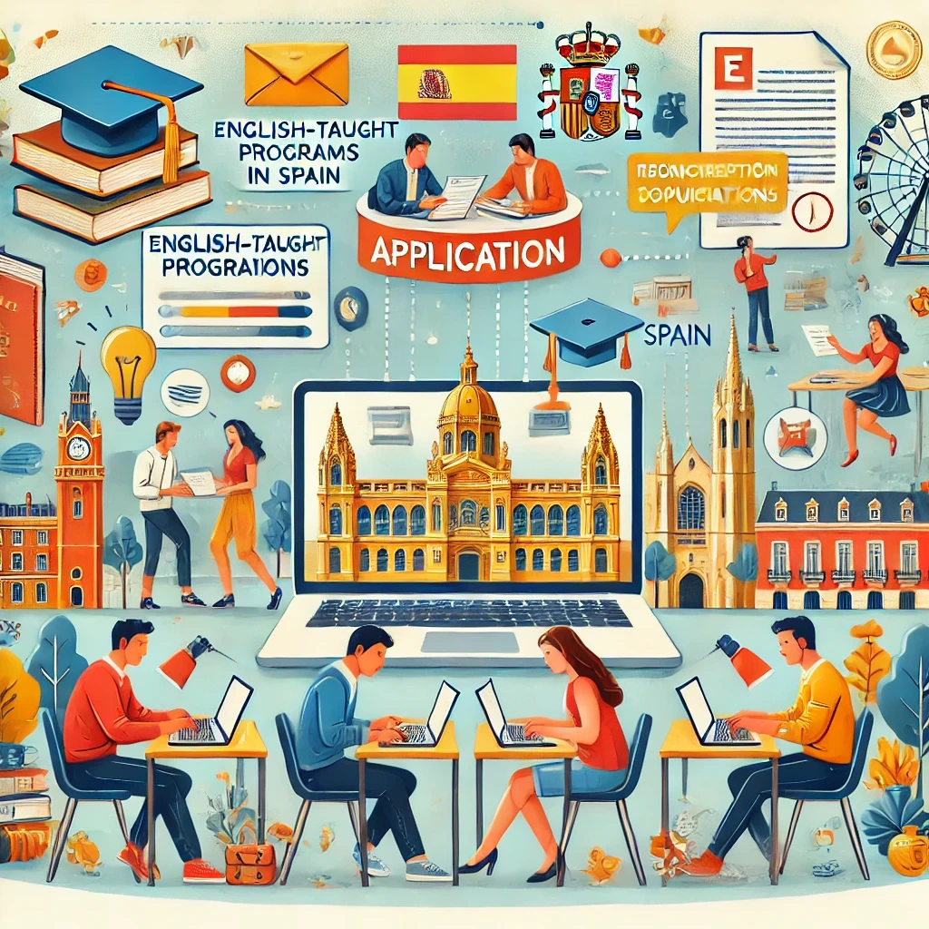 Illustration of international students applying to English-taught university programs in Spain, with icons of laptops, campuses, and Spanish symbols.