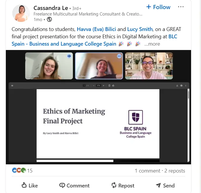 Students presenting their Ethics of Marketing final project online for BLC Spain