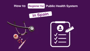 Graphic showing how to register for the public health system in Spain with medical icons and Spanish flag