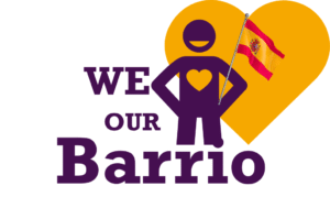 We Love Our Barrio campaign logo with a purple figure holding a Spanish flag in front of a yellow heart.