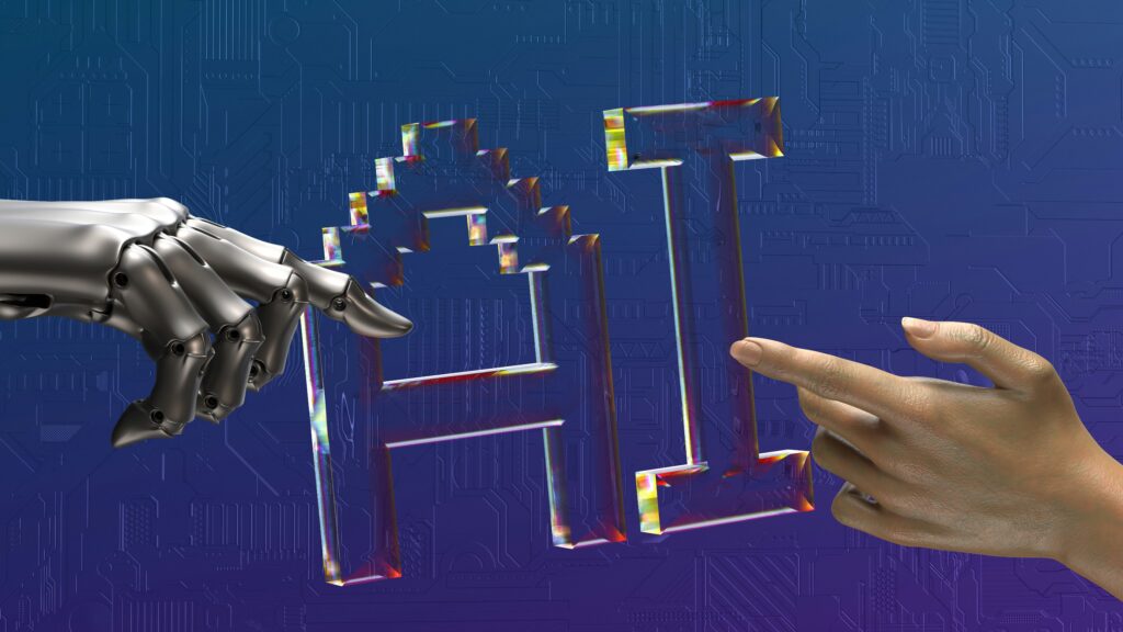 the hand of a robot and person reaching eachother with the letter AI in the middle