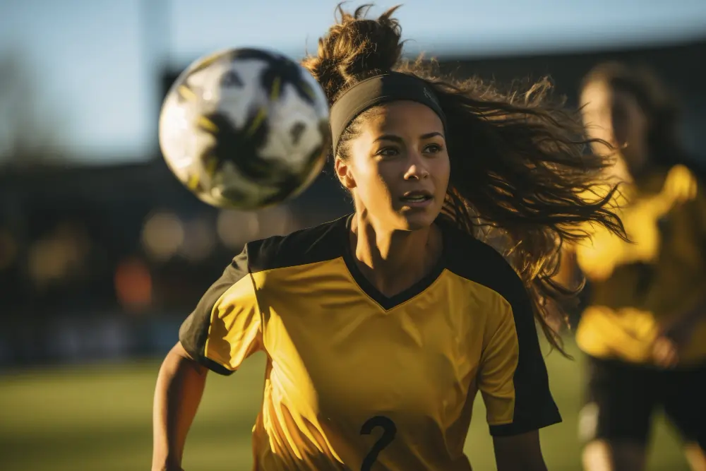 A female football player in a yellow and black jersey focusing intensely on a soccer ball flying through the air directly in front of her during a high-stakes match.