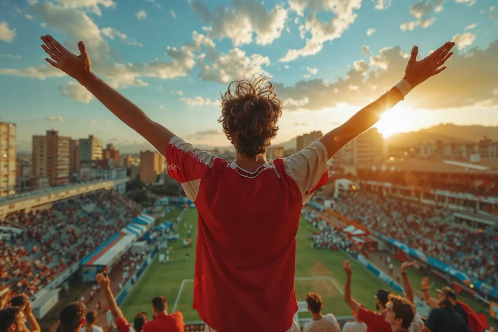 Rear view of a man in a red and white jersey standing with open arms facing a crowded football stadium during a sunset overlooking a city skyline.