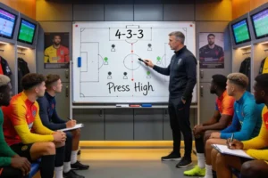 A football manager leading a tactical team talk, representing strategic decision-making under pressure for an international business management Europe program.