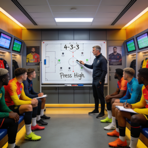 A football manager leading a tactical team talk, representing strategic decision-making under pressure for an international business management Europe program.