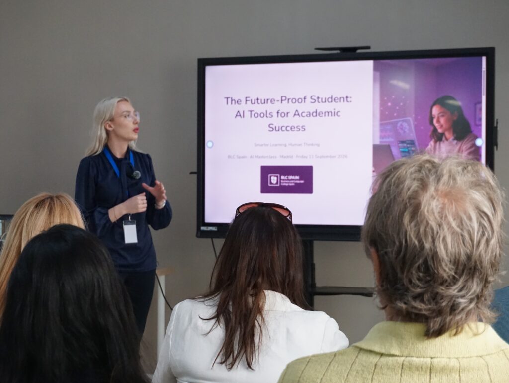 BLC Spain AI event presentation on responsible AI use for academic success and student learning.