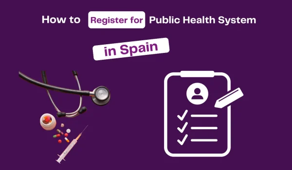 Graphic showing how to register for the public health system in Spain with medical icons and Spanish flag