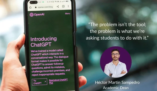 Person holding phone displaying ChatGPT introduction screen next to quote by Héctor Martín Sampedro, Academic Dean at BLC Spain