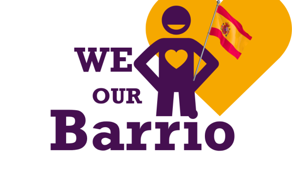 We Love Our Barrio campaign logo with a purple figure holding a Spanish flag in front of a yellow heart.