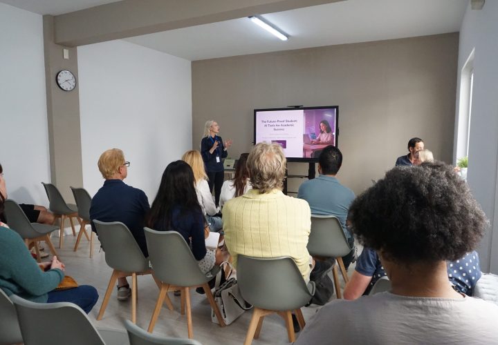 BLC Spain AI event in Madrid with students learning how to use AI tools for academic problem solving.