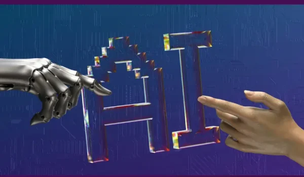 the hand of a robot and person reaching eachother with the letter AI in the middle