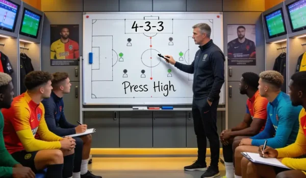 A football manager leading a tactical team talk, representing strategic decision-making under pressure for an international business management Europe program.