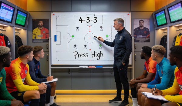 A football manager leading a tactical team talk, representing strategic decision-making under pressure for an international business management Europe program.